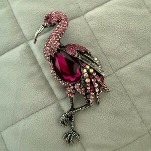 Pink Crystal Flamingo Brooch with Fuchsia Teardrop Gem